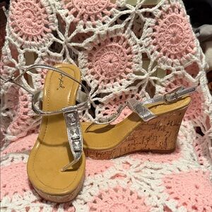Qupid Silver Metallic Cork Wedge Sandals with Rhinestone Accents